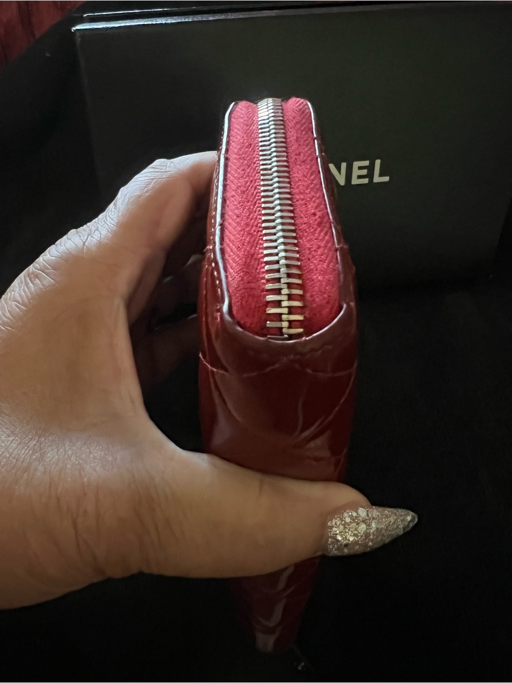 CHANEL Quilted Patent Leather Zip Wallet - Cherry Red - Picture 8 of 13
